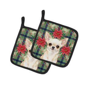 Cream Chihuahua Christmas PoinsettIas Pair of Pot Holders Pair 7.5x7.5 Quilted Insulated Hot Pads Decorative Kitchen Gift Made in USA