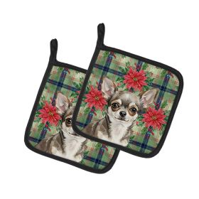 Chihuahua Christmas PoinsettIas Pair of Pot Holders Pair 7.5x7.5 Quilted Insulated Hot Pads Decorative Kitchen Gift Made in USA