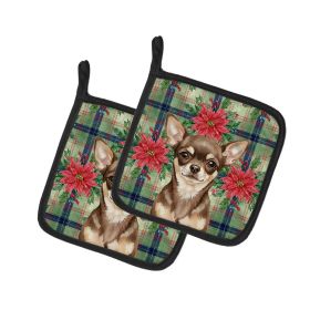 Chocolate Chihuahua Christmas PoinsettIas Pair of Pot Holders Pair 7.5x7.5 Quilted Insulated Hot Pads Decorative Kitchen Gift Made in USA