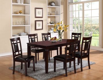 7-Pc Dinette Set Brown Espresso Finish Rectangular Table Faux Leather Upholstery Padded Lattice Design Side Chairs Dining Room Wooden Dining Set