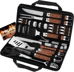 POLIGO 29 PCS BBQ Grill Accessories Stainless Steel BBQ Tools Grilling Tools Set With Storage Bag For Fathers Day Dads Birthday Presents - Campin (Color: Brown)